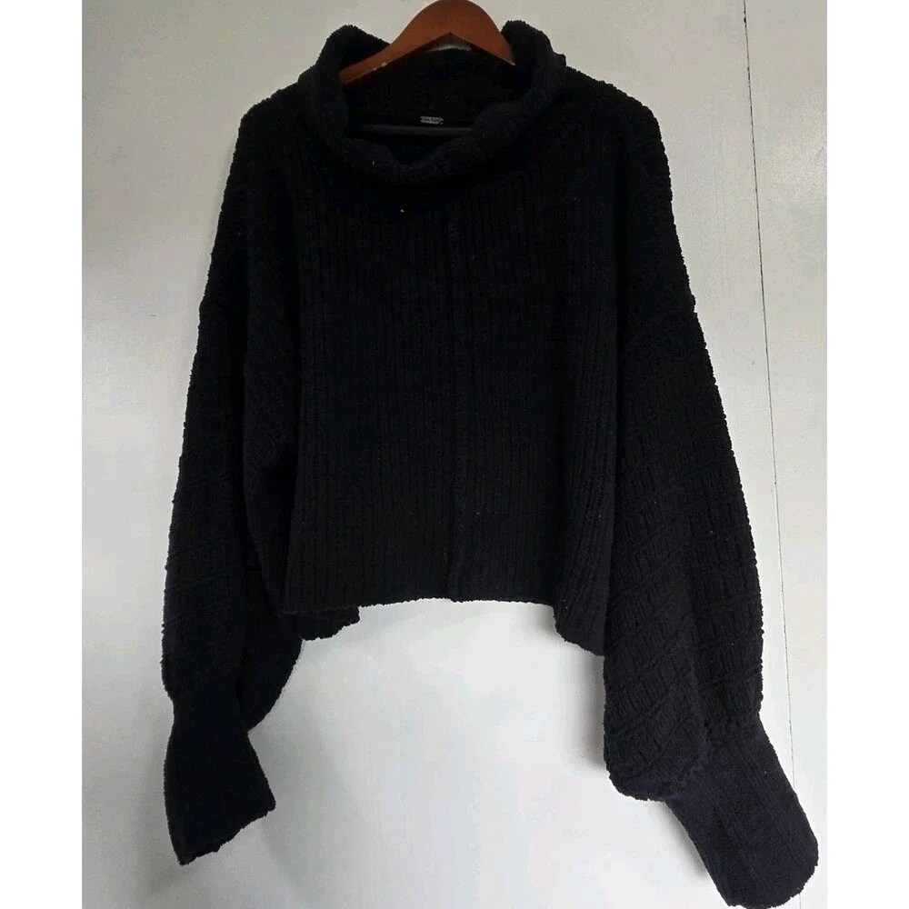 Free People Sweater Womens L Be Yours Pullover Black Cowl Neck Cropped Boxy